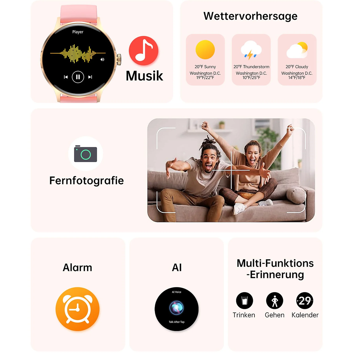 Eine pinkfarbene Smartwatch, ein lächelndes Paar und Wettersymbole mit anderen Funktionen.