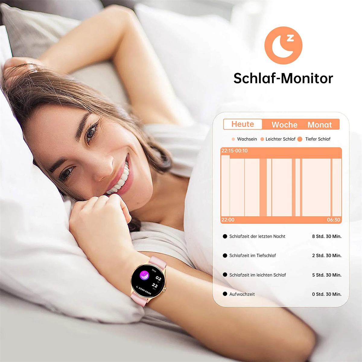 Frau im Bett mit Uhr, die Schlafdaten anzeigt, mit Diagramm der Schlafphasen.