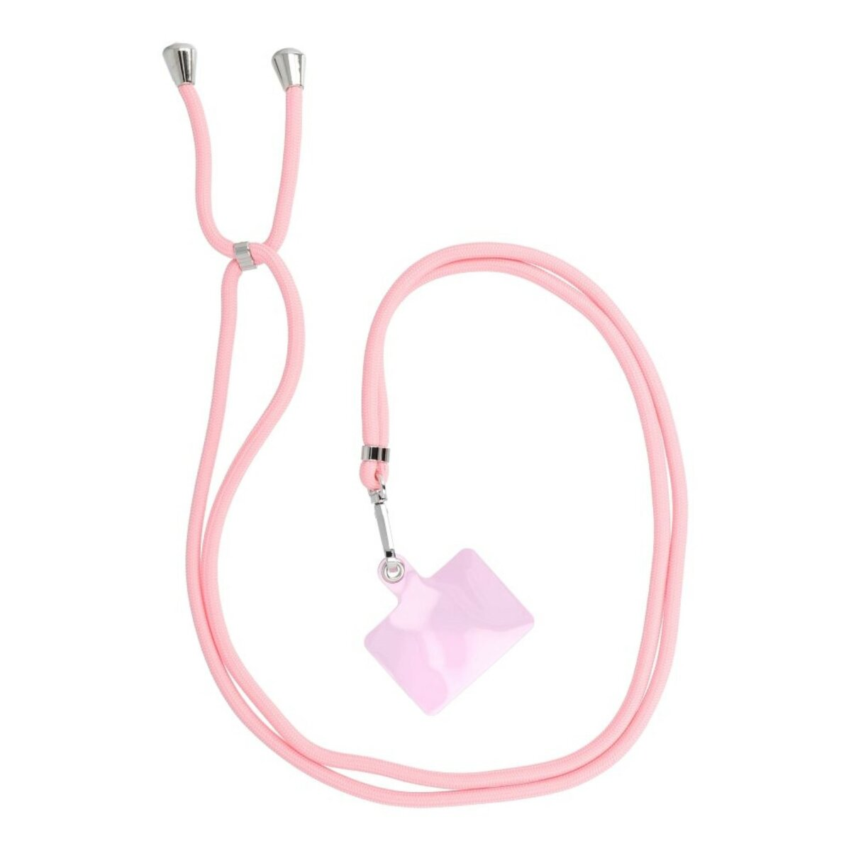 Rosa Handy-Umhängeband, eine Kordel mit einem kleinen rosa Quadrat, das das Telefon hält, und silbernen Akzenten.