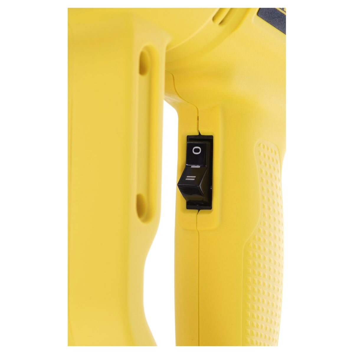 Czarny przełącznik na żółtym narzędziu jest włączony.