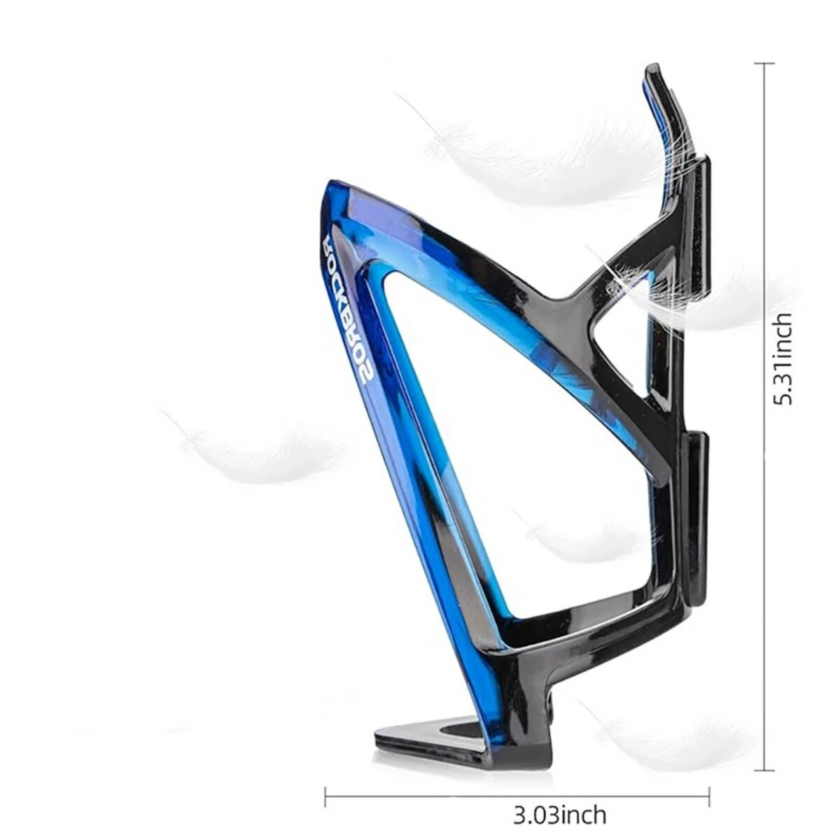 Blauer und schwarzer Fahrrad-Flaschenhalter. Die Maße sind 3,03 Zoll x 5,31 Zoll.