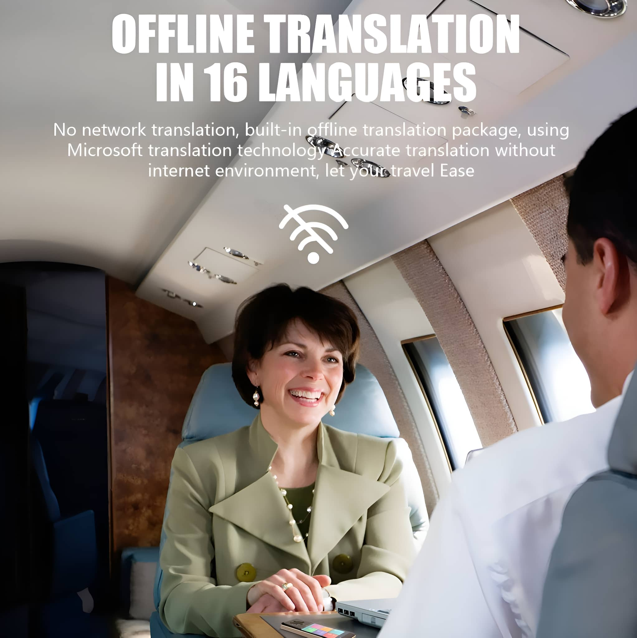Eine Frau und ein Mann sitzen in einem Flugzeug, mit Text über Offline-Übersetzung.