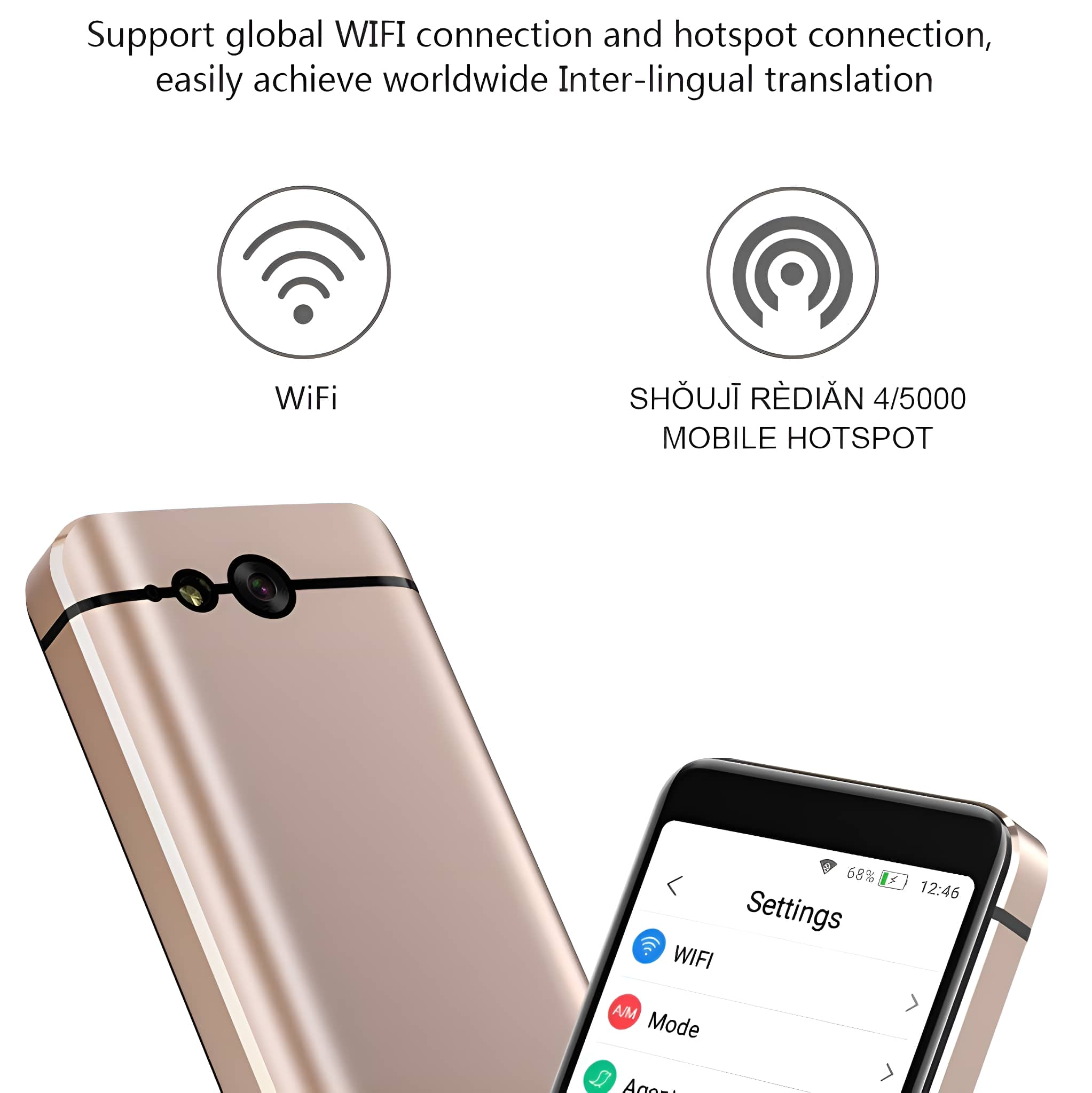 Goldenes Smartphone mit Einstellungen und WLAN-Symbol.