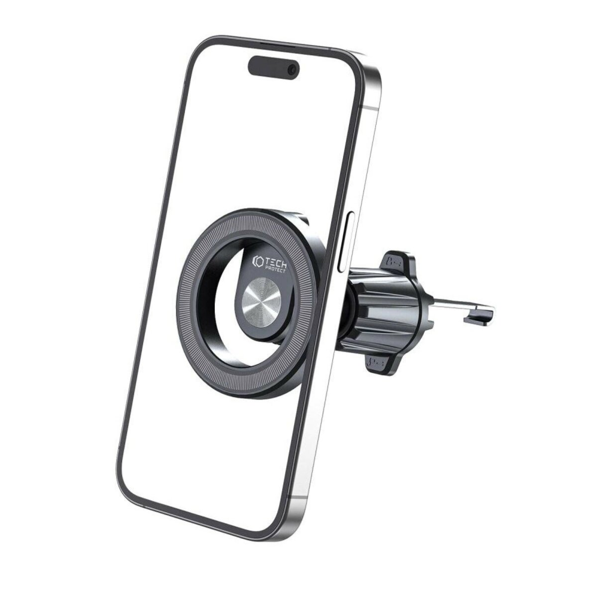 Uno smartphone montato su una presa d'aria dell'auto con un supporto magnetico per telefono.