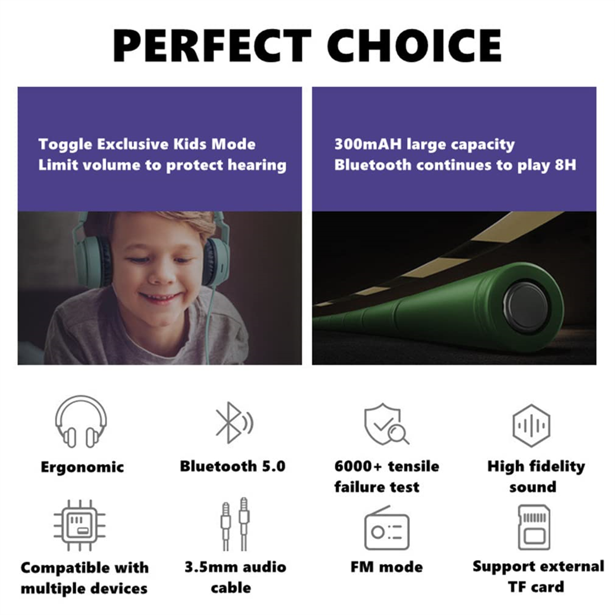 Ein Junge mit Kopfhörern und der 300mAh-Akku. Text: Toggle Kids Mode & Bluetooth 5.0. Weitere Produktmerkmale.