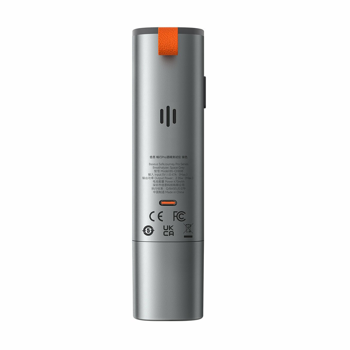 Srebrne i szare urządzenie z pomarańczowym akcentem. Posiada tekst i symbole oraz port ładowania.