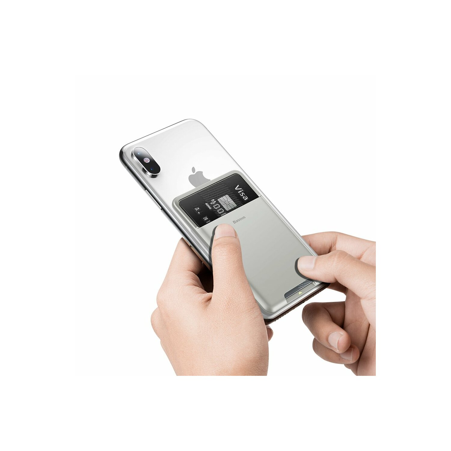 Przezroczyste etui na telefon z uchwytem na kartę, trzymające telefon z kartą Visa w środku.