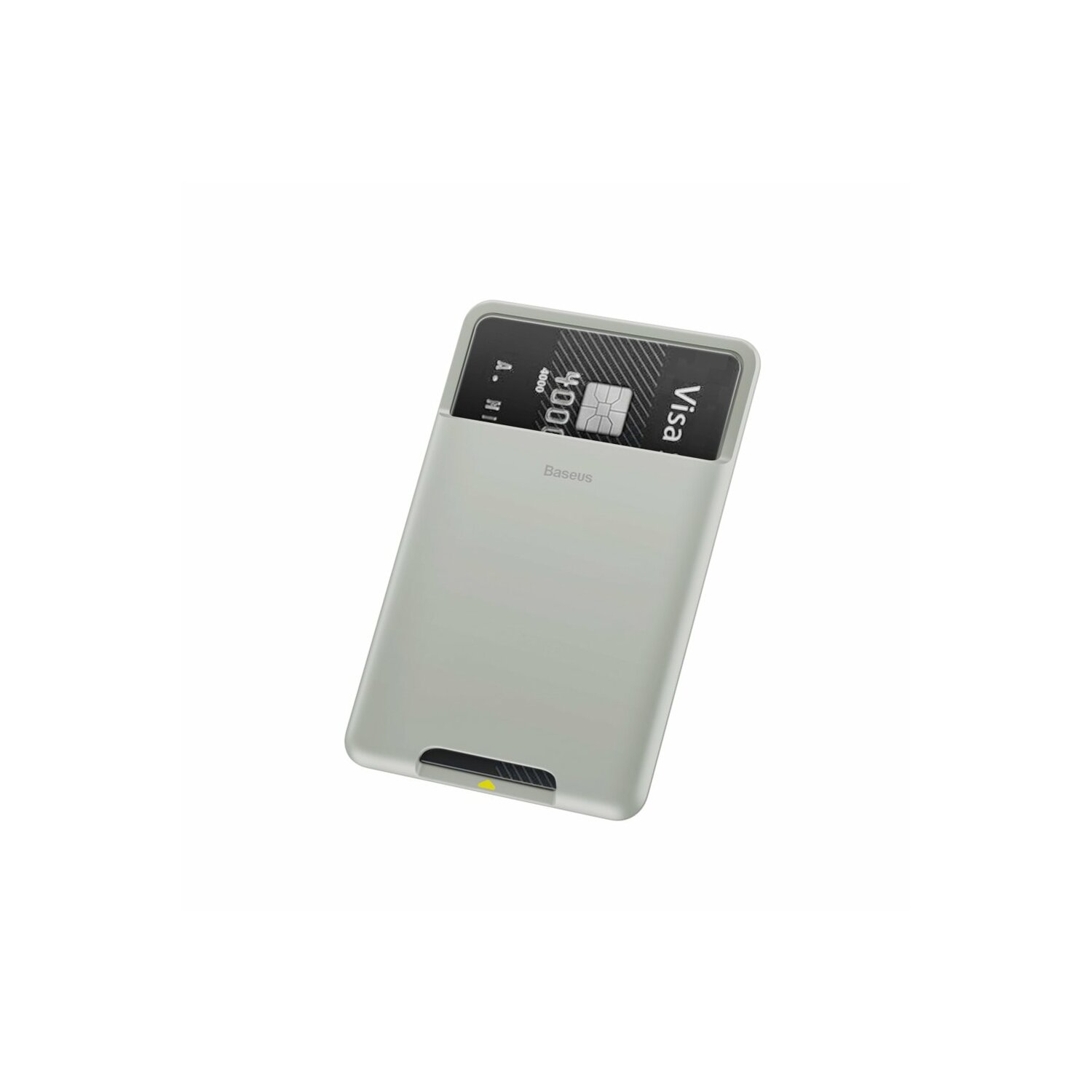 Szary uchwyt na karty Baseus z czarną kartą kredytową w środku. Widoczne logo Visa.