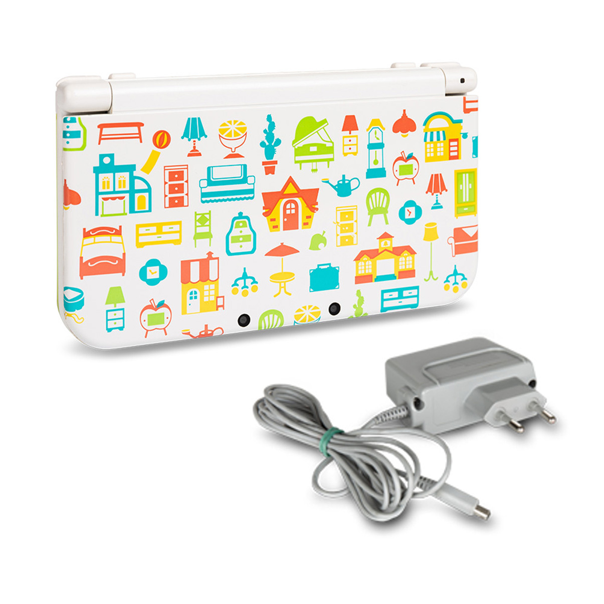Ein weißes Nintendo 3DS mit bunten Symbolen und Ladegerät.