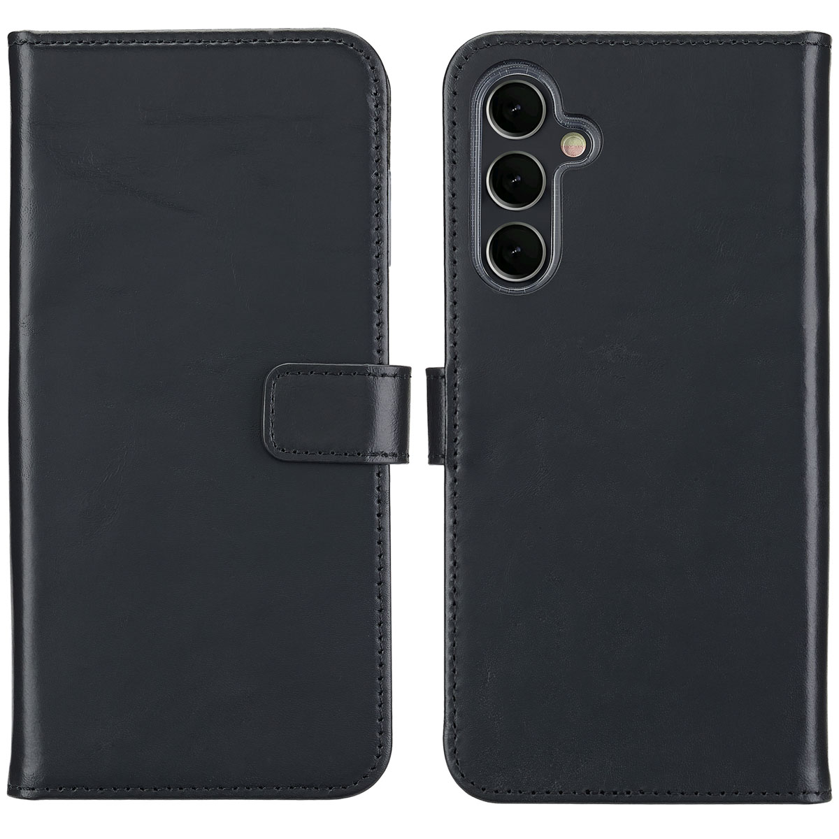 Étui de téléphone noir ouvert, montrant le téléphone et les emplacements pour cartes. L'étui fermé montre la caméra du téléphone.