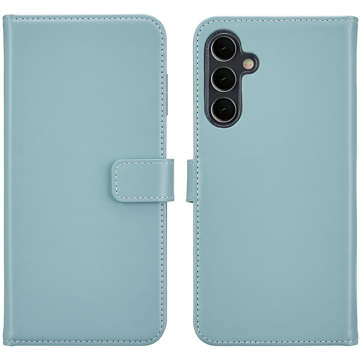 Een blauwe telefoonhoes, open en dicht, met de achterkant van de telefoon met cameralenzen en knop.