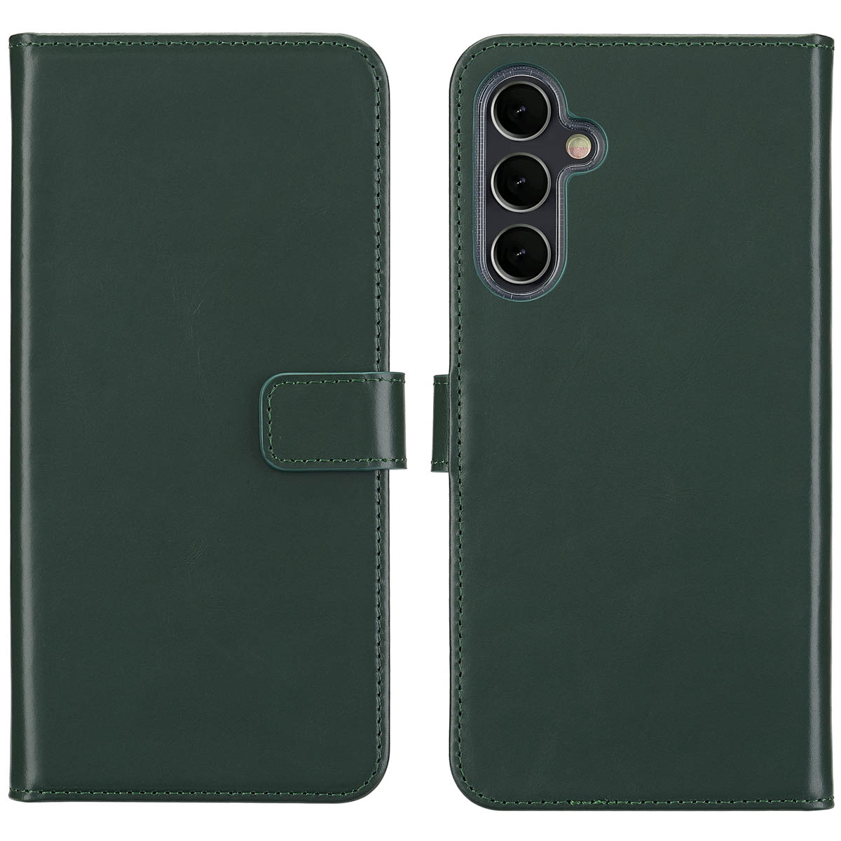 Étui de téléphone vert foncé. Côté gauche fermé, côté droit ouvert avec téléphone et caméra.