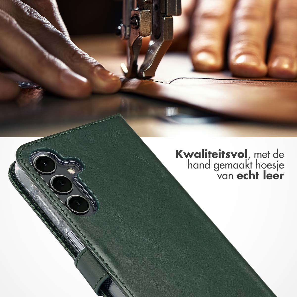 Coque de téléphone verte avec main cousant du cuir. Texte : étui fait main.