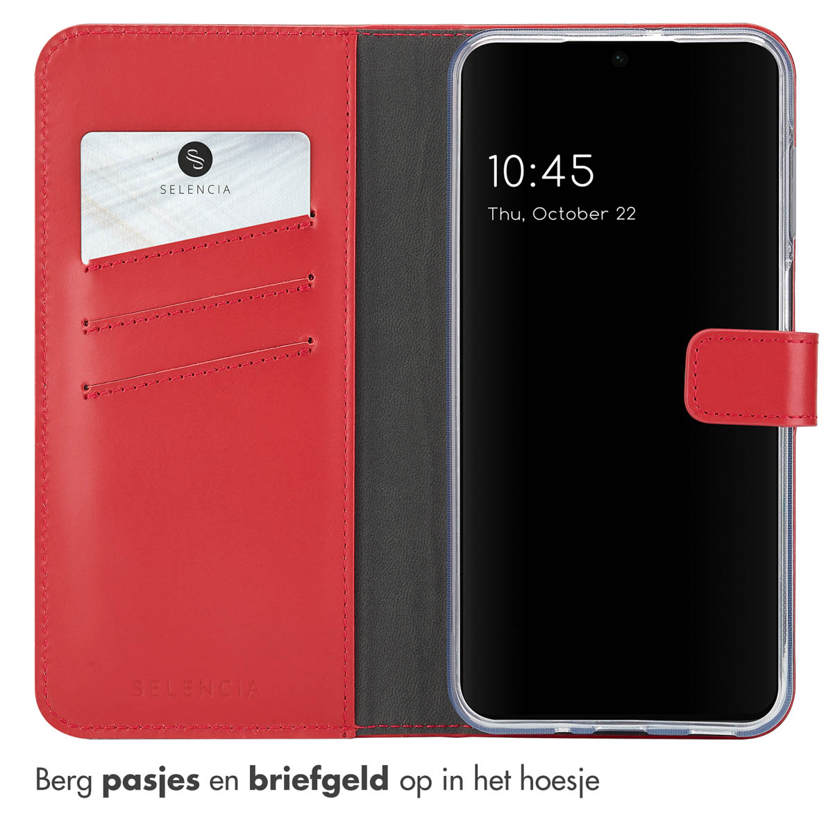 Rode telefoonhoes met een telefoon erin. Toont een creditcardsleuf en een telefoonscherm.
