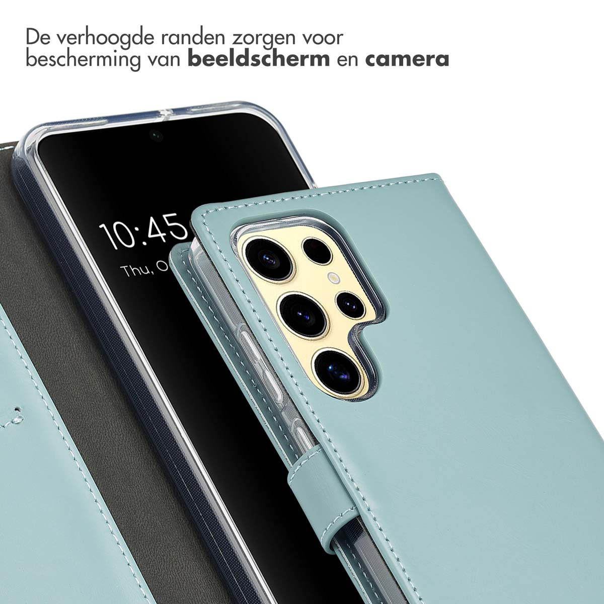 Een mintgroene telefoonhoes, rechts open, met een telefoon erin. Tekst bovenaan.