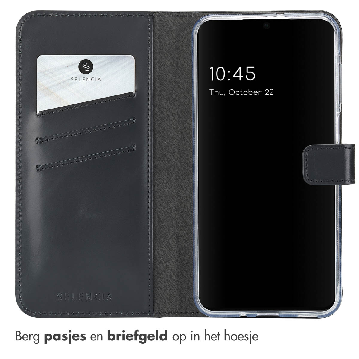 Étui de téléphone ouvert avec une carte et un téléphone. L'heure est 10h45, jeudi 22 octobre. L'étui est noir.