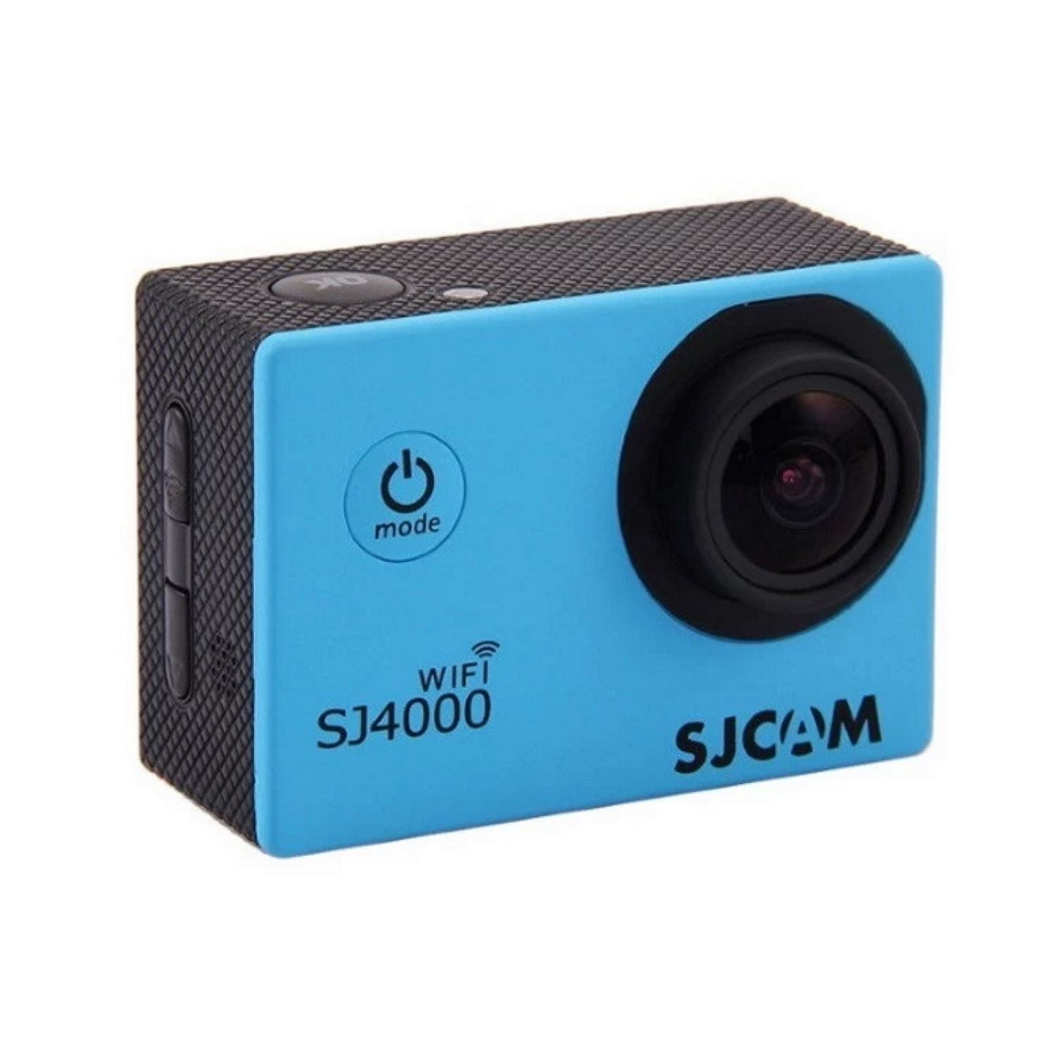 Una cámara de acción azul con botones y el logotipo SJCAM.