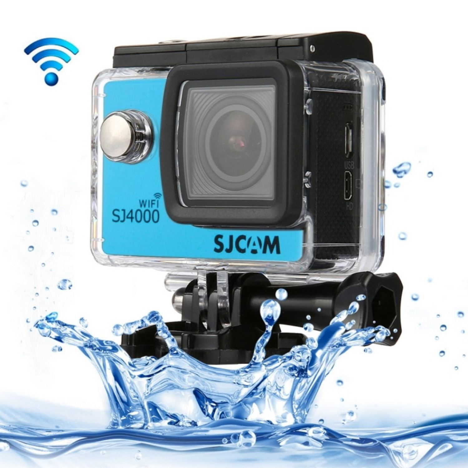 Una cámara de acción negra con detalles azules, sumergida en agua con un icono de WiFi.