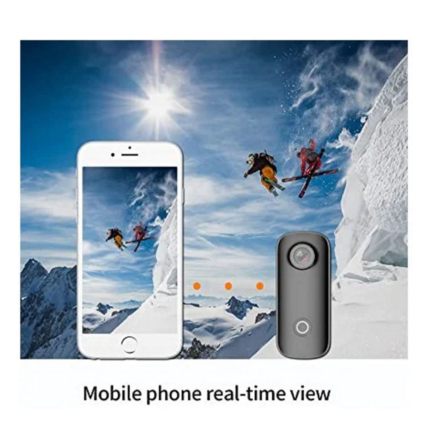 Un teléfono mostrando esquiadores, una cámara de acción cerca, con un cielo azul y nieve de fondo.