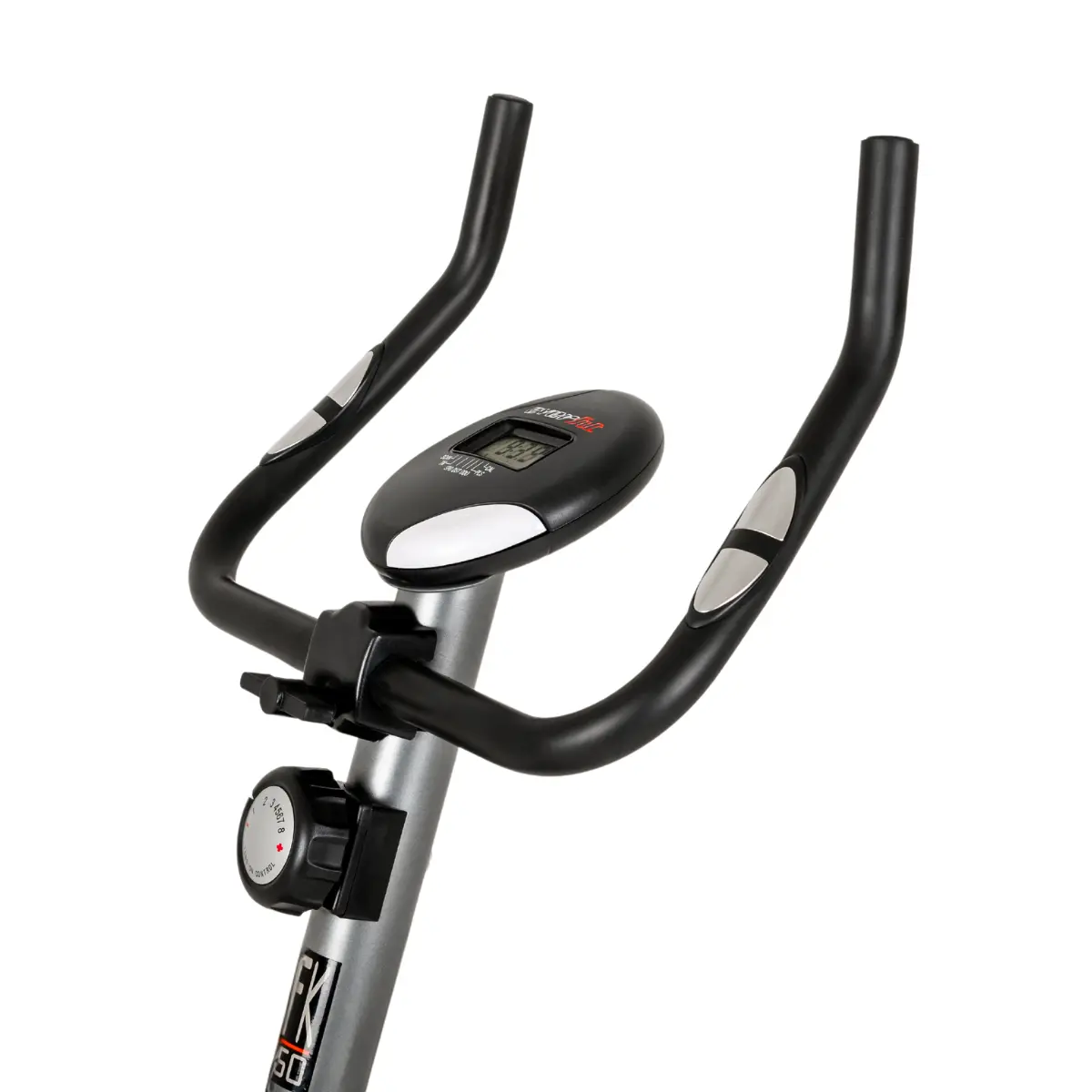 Manubrio della cyclette. Il display è visibile. Sfondo bianco.