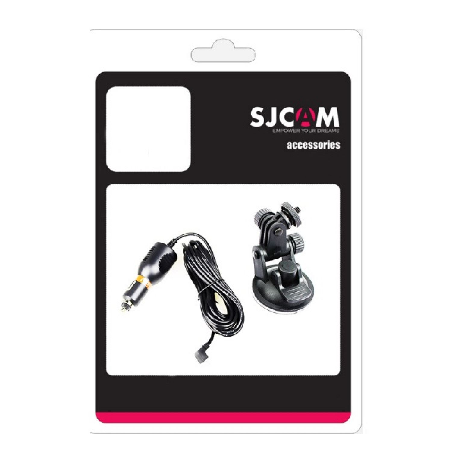 Embalaje para un kit de accesorios SJCAM. Diseño en blanco y negro. Contiene un cargador de coche y un soporte.