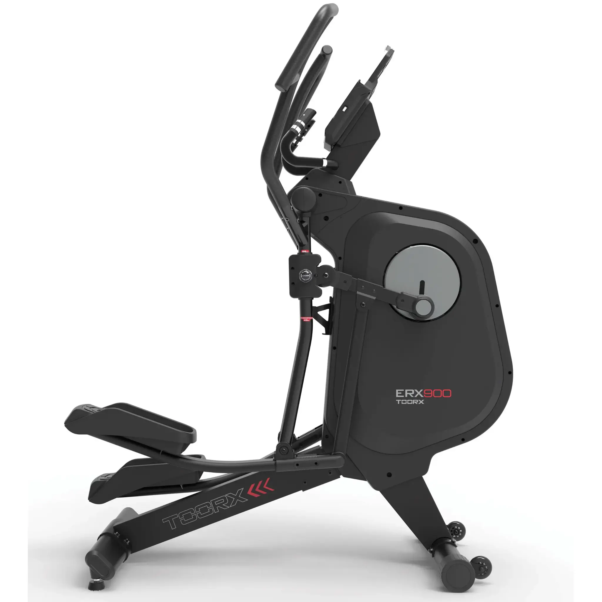 Schwarzer Ellipsentrainer mit schwarzen Griffen, Pedalen und einem grauen Schwungrad.