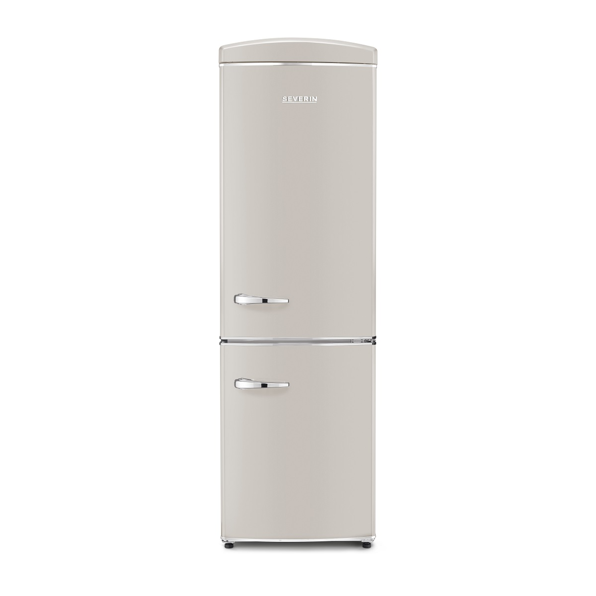 Frigorifero beige con maniglie argentate su sfondo bianco.