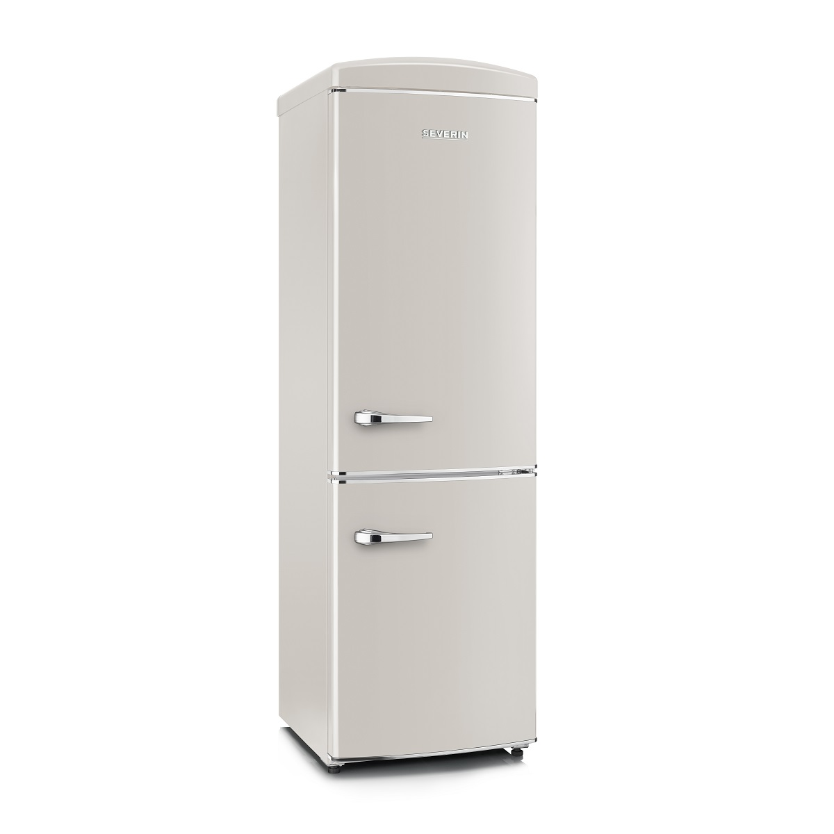 Un frigorifero alto, beige, con due porte e maniglie argentate. Il marchio 'SEVERIN' è in alto.