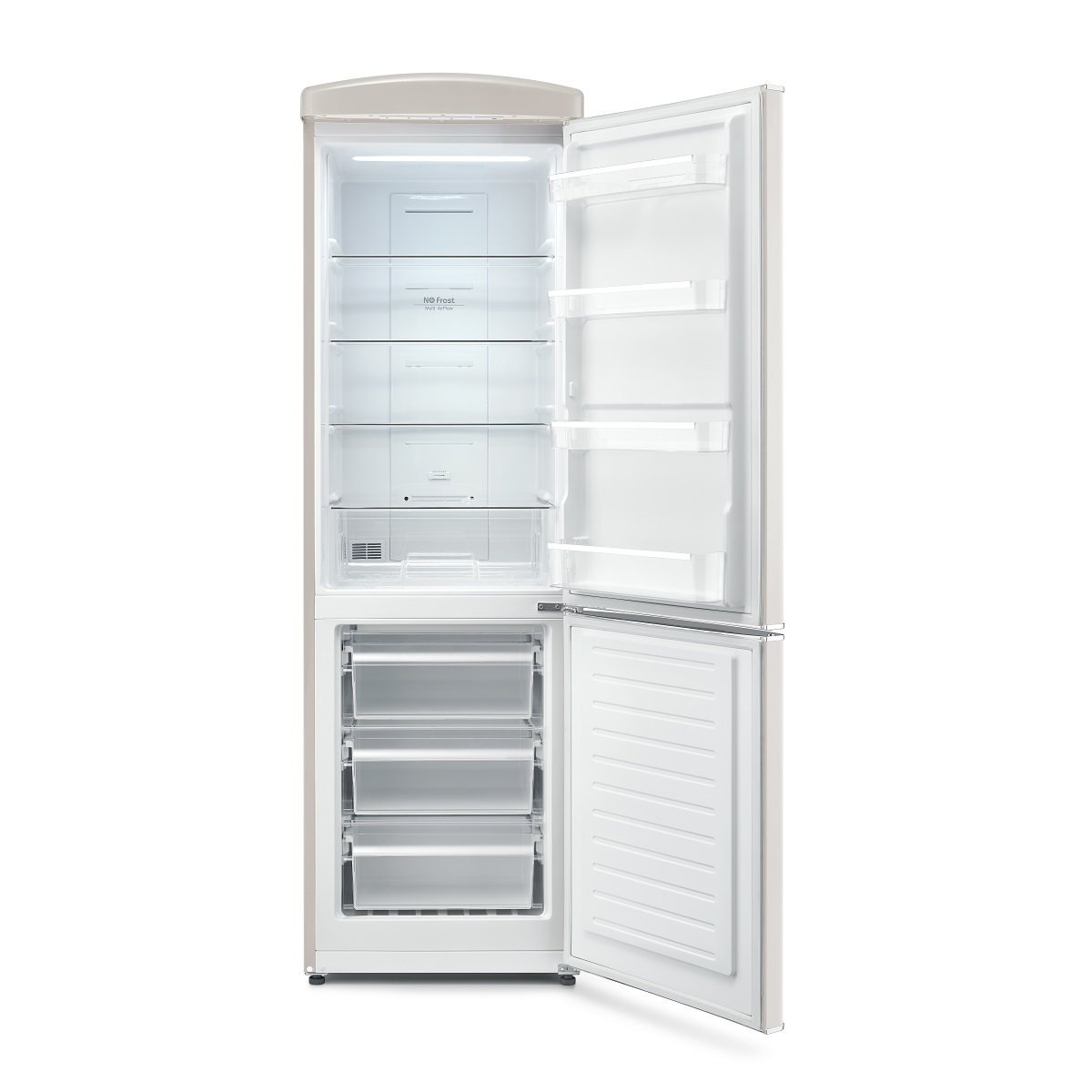 Un frigorifero beige con la porta aperta, che rivela ripiani e cassetti.