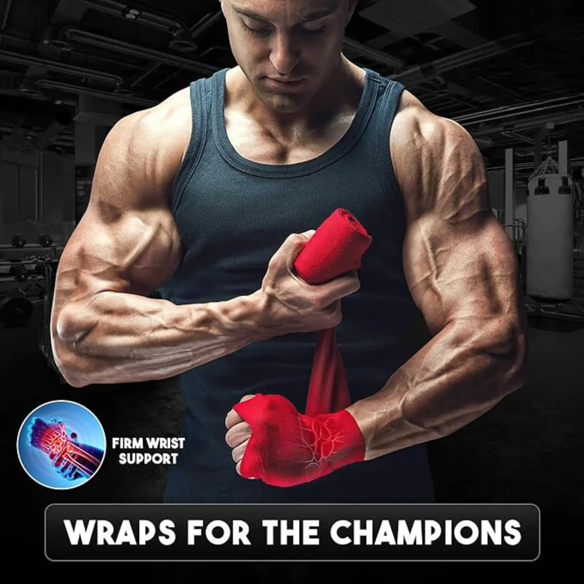 Homme enroulant des bandages rouges. Texte : Bandages pour les champions. Soutien ferme du poignet.
