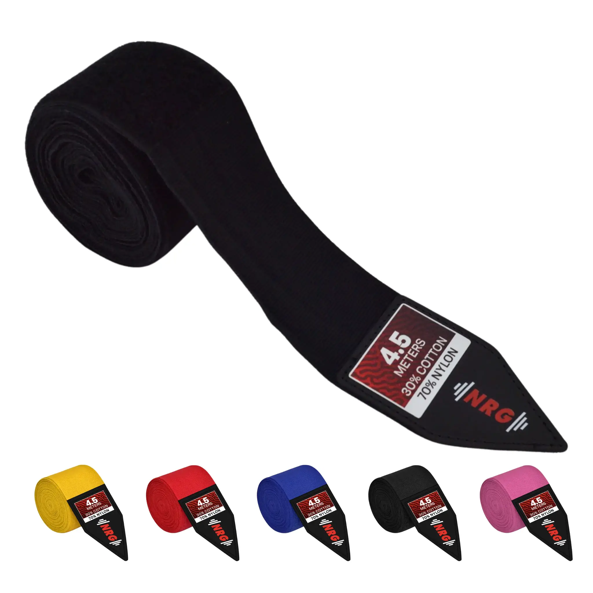 Bandes de boxe noires avec étiquettes blanches. Variété de bandes colorées en arrière-plan.