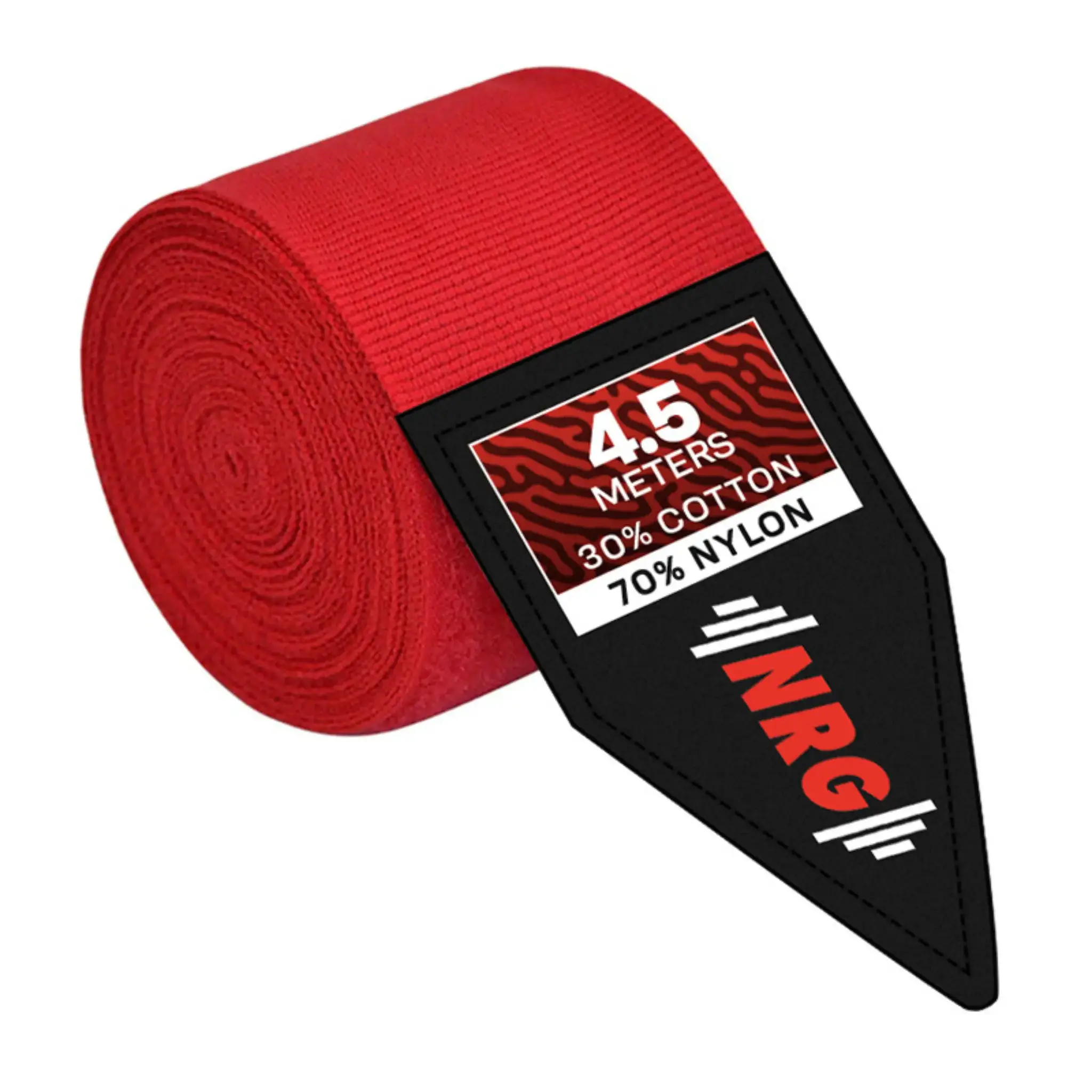 Une bande rouge de boxe. L'étiquette indique 4,5 mètres, 30% coton, 70% nylon.
