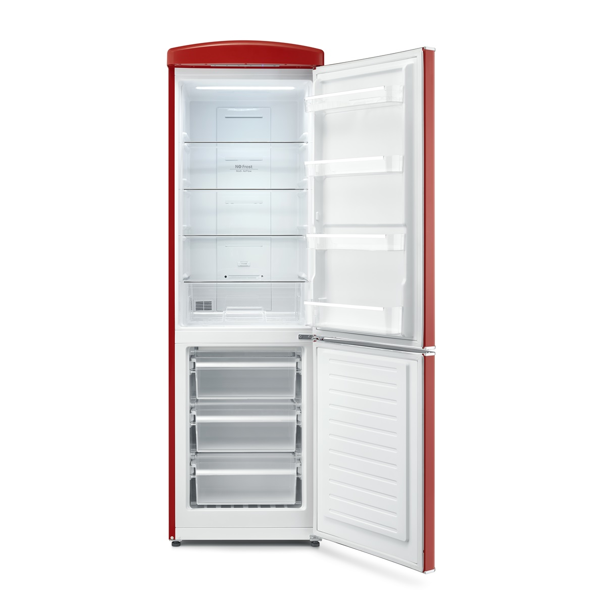 Czerwona lodówka w stylu retro z otwartymi drzwiami. Widoczne półki i szuflady.