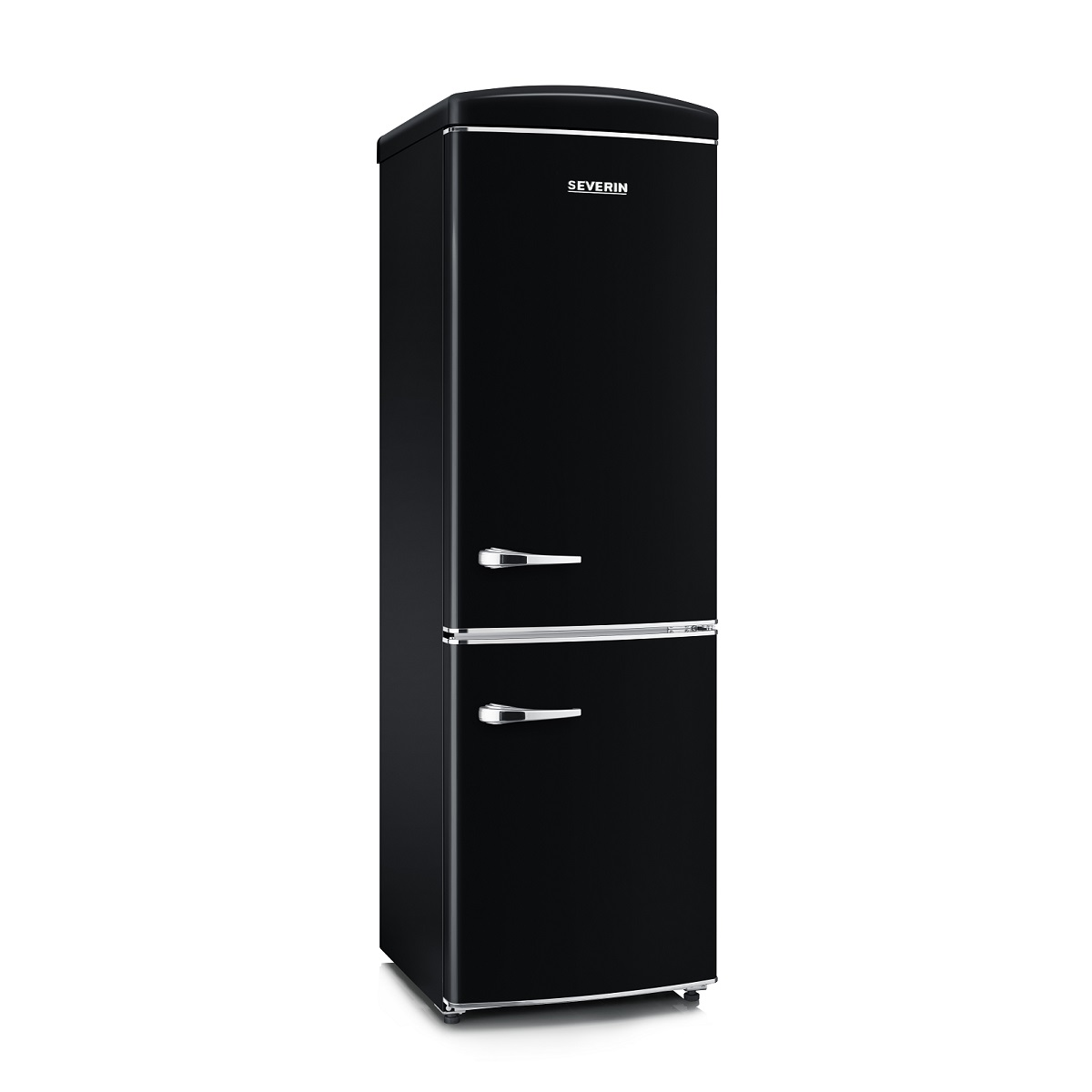 Black vintage refrigerator with two doors, silver handles and a SEVERIN logo on white background.