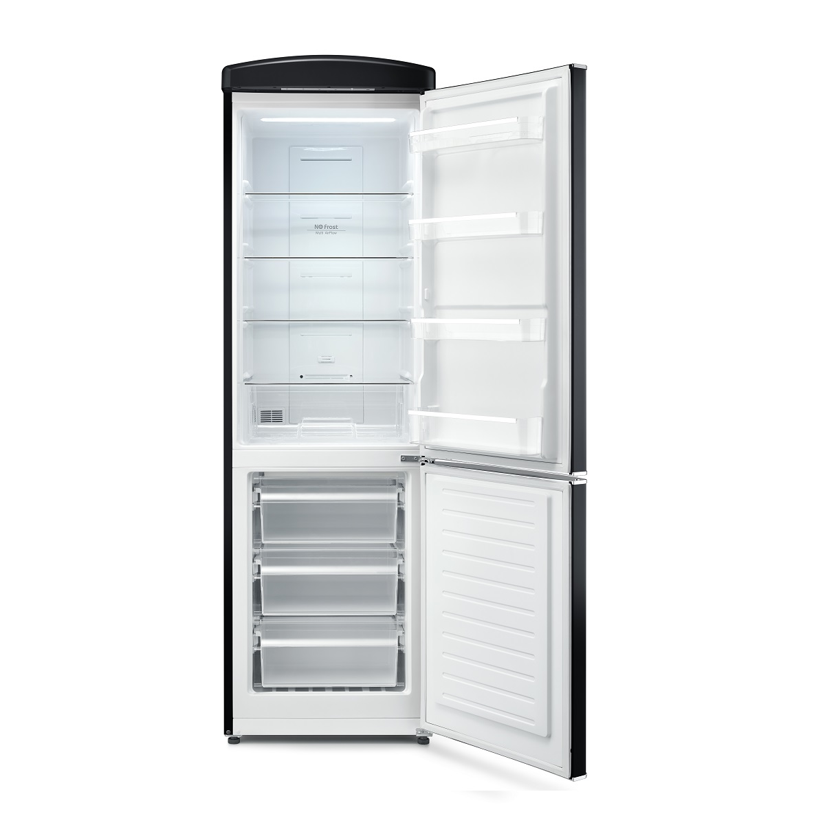 A refrigerator with the doors open, showing shelves and drawers.