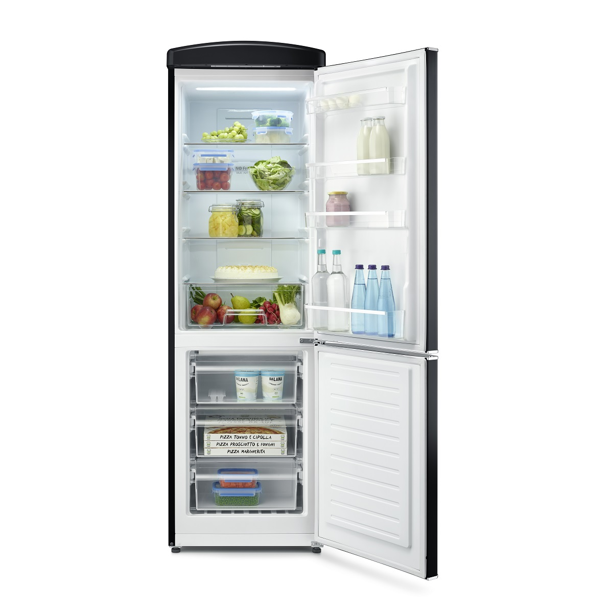 Opened black refrigerator with shelves of food. Visible are fruits, vegetables and drinks.