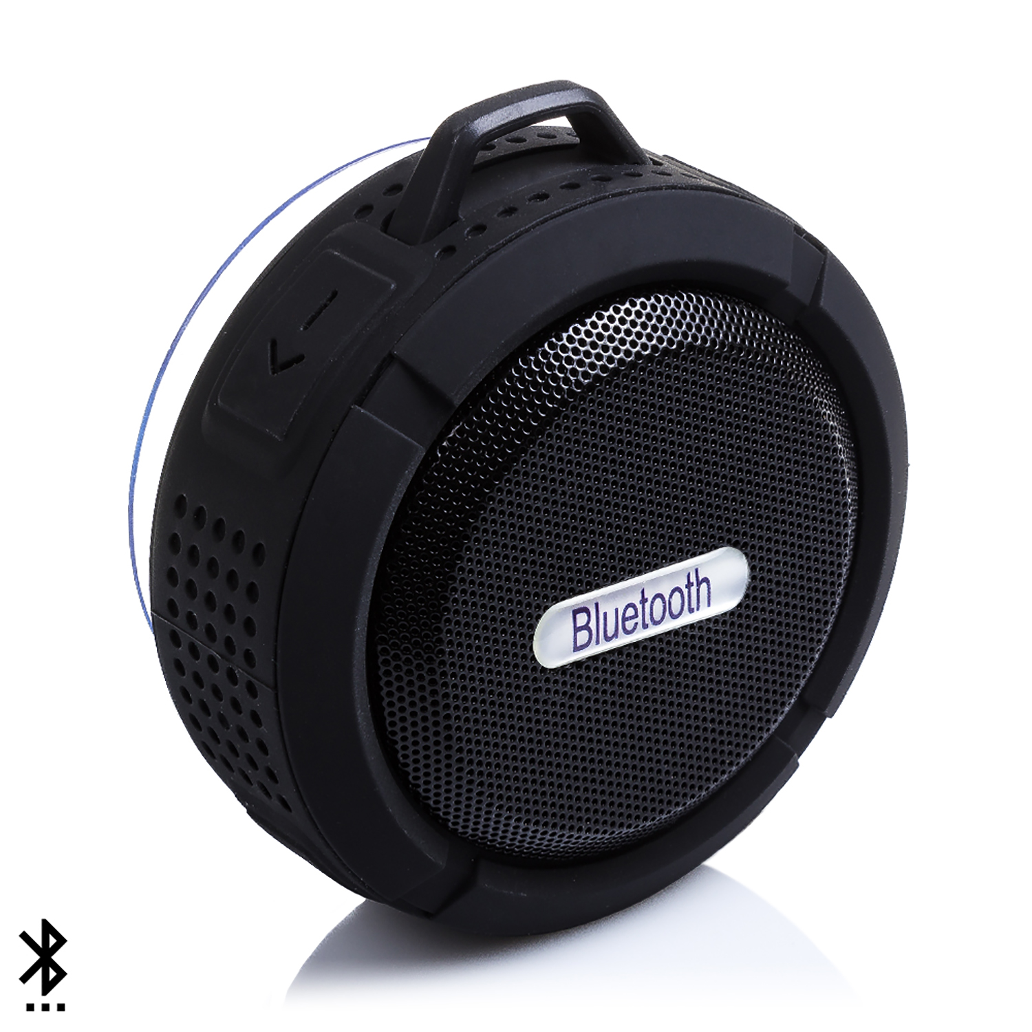 Altoparlante Bluetooth nero con un frontale a rete. Ha una maniglia e un'icona Bluetooth.