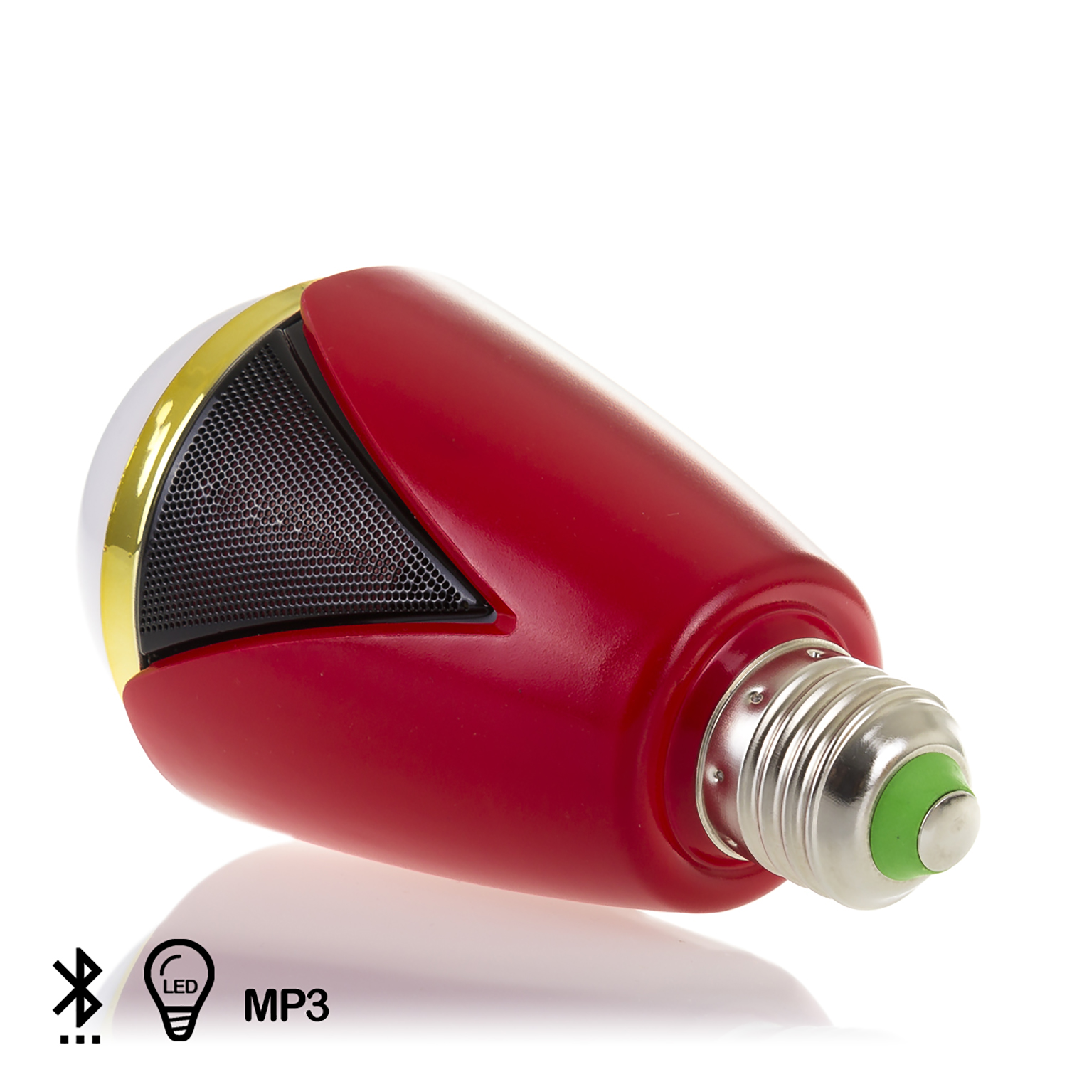 Altoparlante a forma di lampadina rossa. Rifiniture dorate, griglia nera. Sfondo bianco.