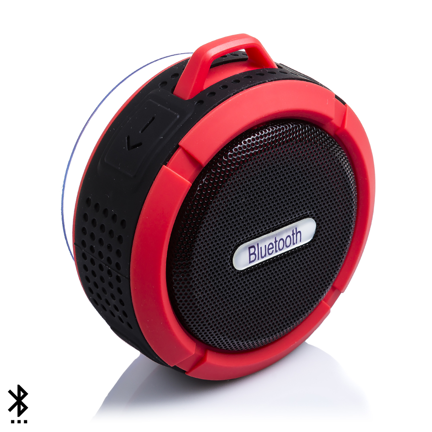 Altavoz Bluetooth redondo rojo y negro con asa. Una malla negra cubre la cara del altavoz.