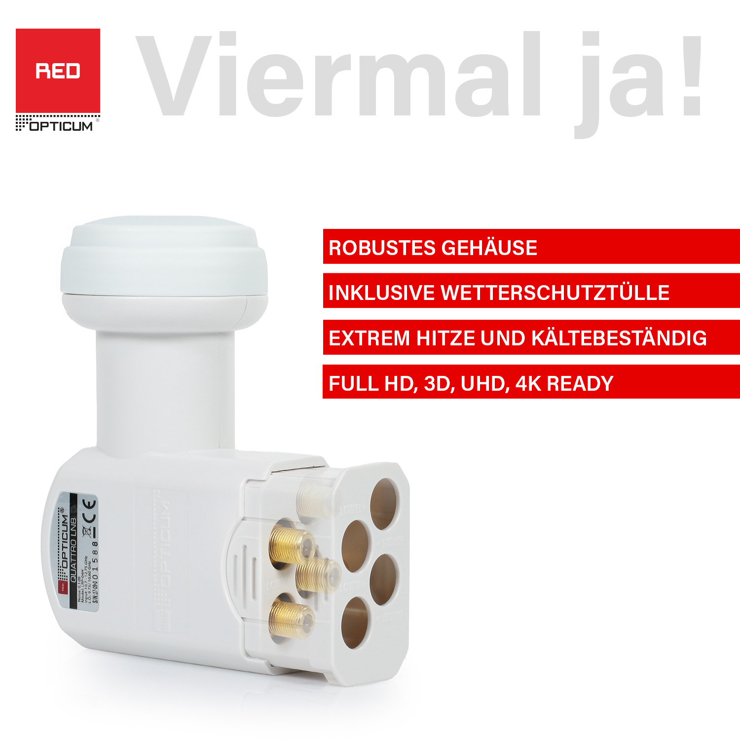 Weißer Satellitenempfänger mit mehreren Eingängen. Text auf Deutsch. Rotes Opticum-Logo in der Ecke.