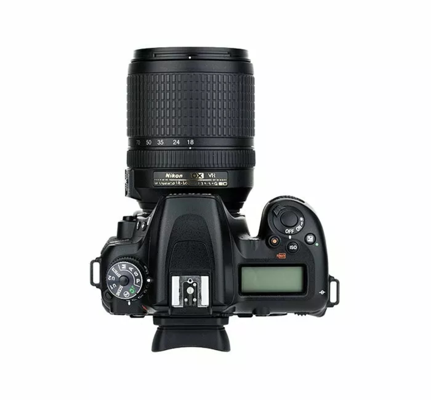 Draufsicht auf eine Nikon DSLR-Kamera mit Objektiv. Weißer Hintergrund.