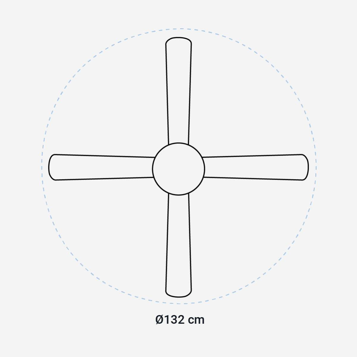 Diagramma del ventilatore a soffitto. Quattro pale all'interno di un cerchio tratteggiato. Diametro: 132 cm.