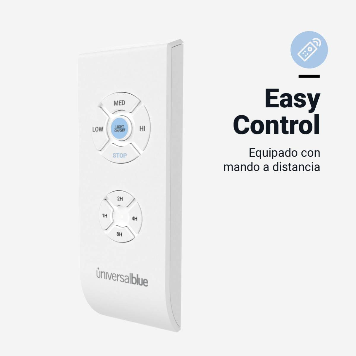 Un telecomando bianco con pulsanti per la luce e le impostazioni dell'ora, e le parole 'Easy Control'.