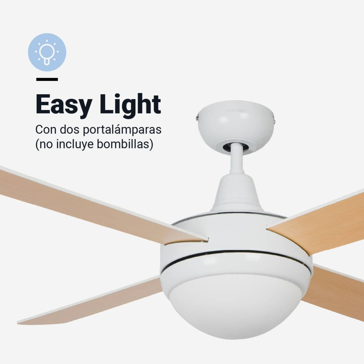 Ventilatore da soffitto con corpo bianco, pale in legno e lampada, testo: 'Easy Light'.