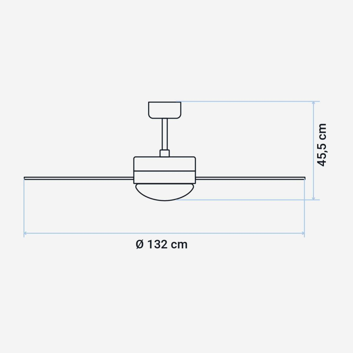 Un disegno a tratto che mostra un ventilatore da soffitto con misure di 132 cm e 45,5 cm.