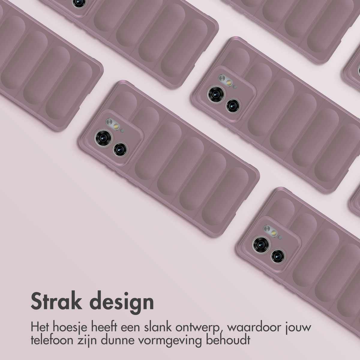 Étuis de téléphone en rose. Certains sont inclinés. Texte : 'Strak design' avec description en néerlandais.