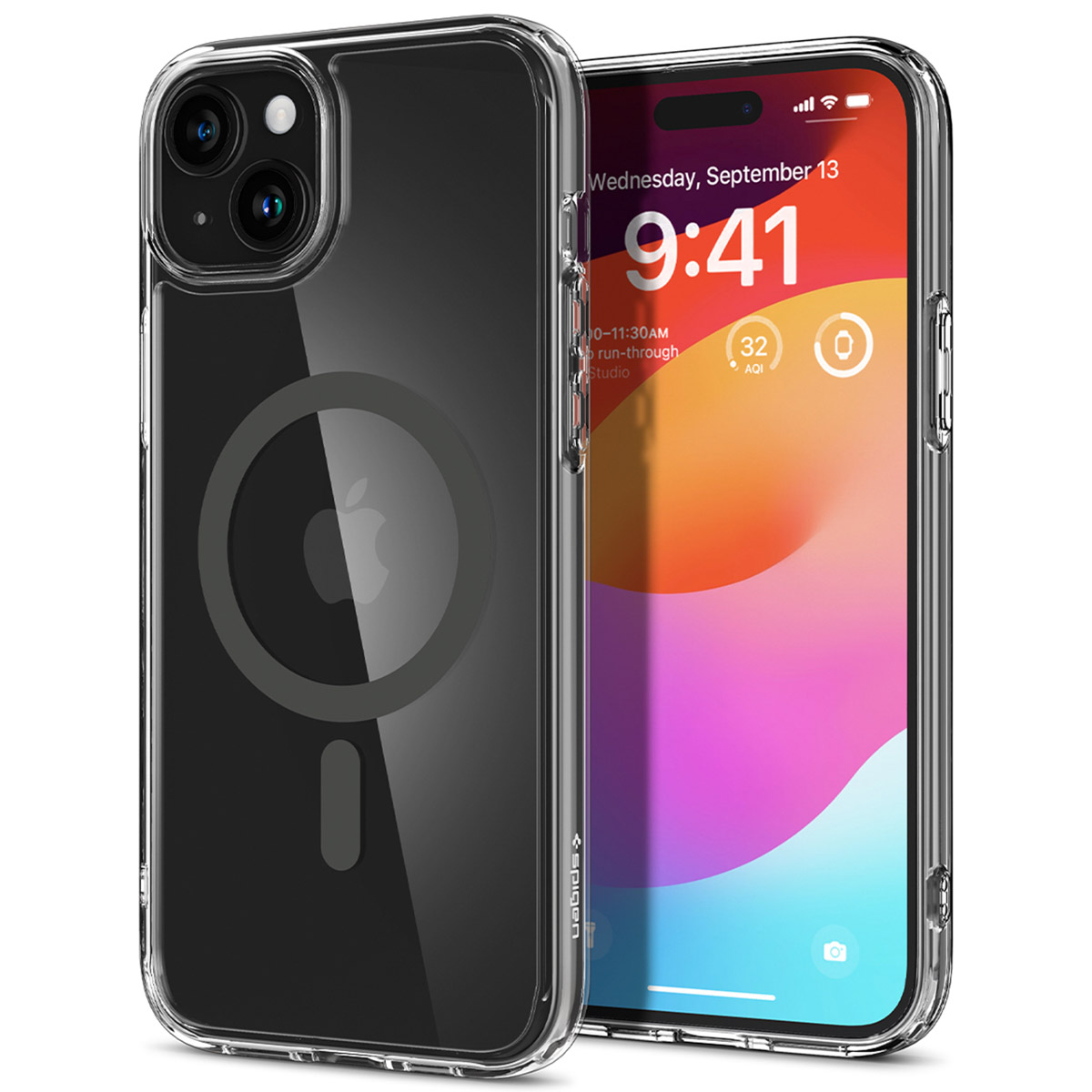 Transparante iPhone-hoes met een zwarte magnetische cirkel en een telefoon met tijd en datum.