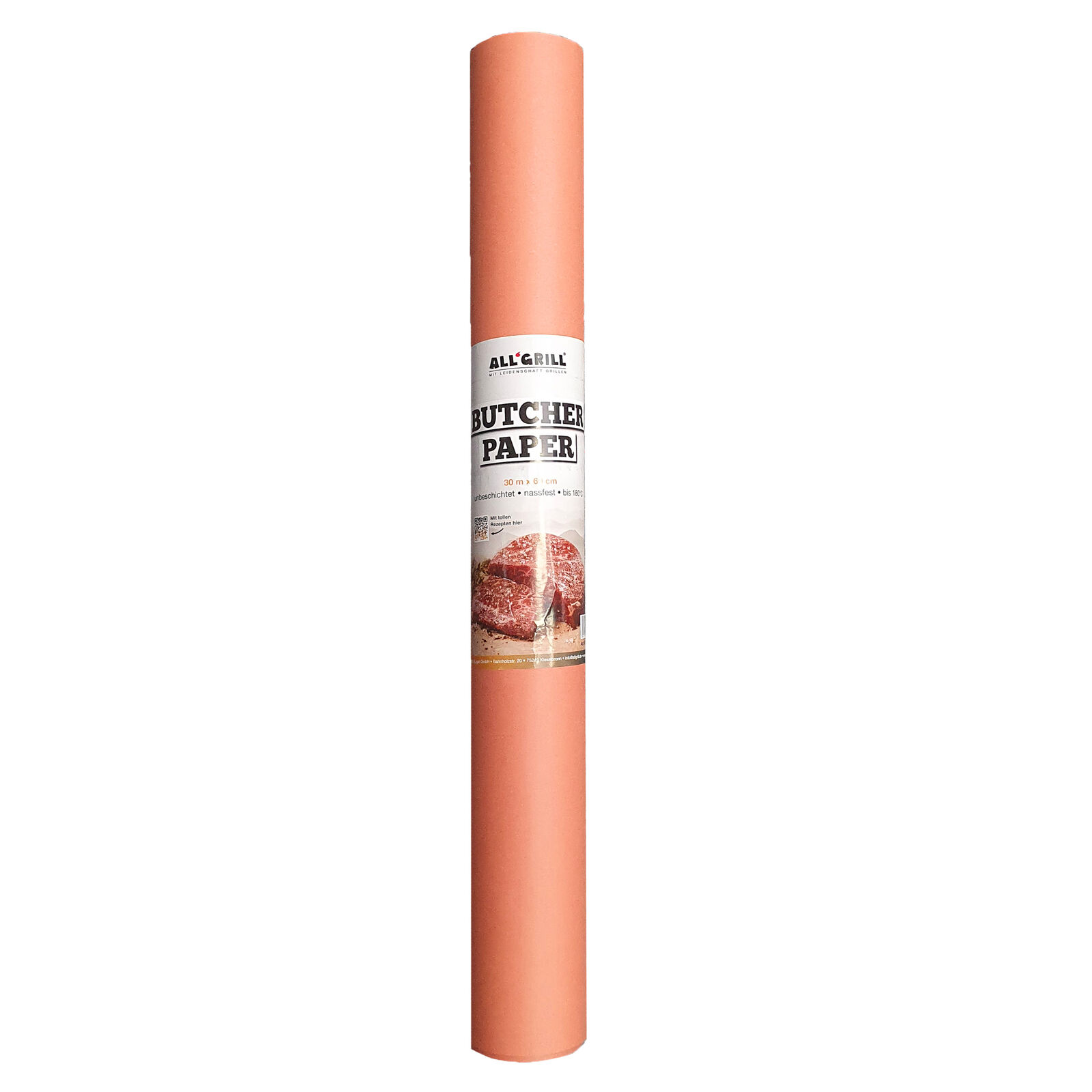 Rolle rosa Metzgerpapier mit Etikett und Bildern von Fleisch auf weißem Hintergrund.