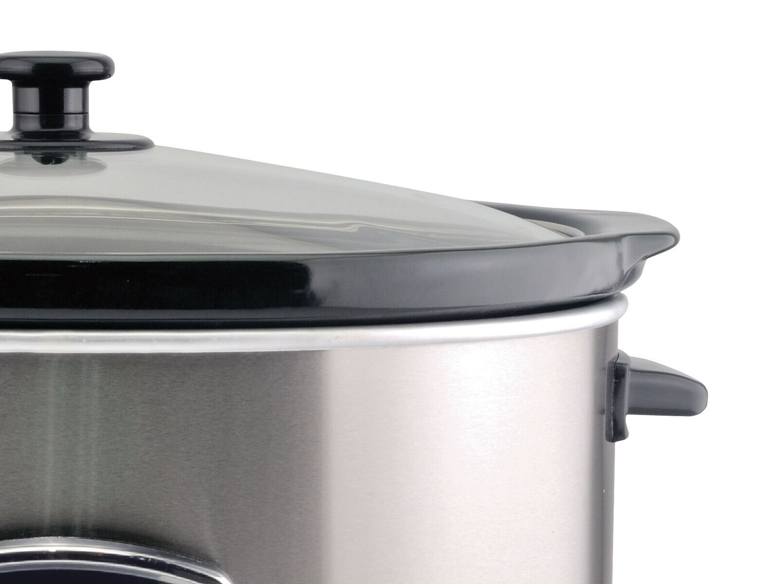 Crock-pot in acciaio inossidabile con coperchio in vetro e manico.