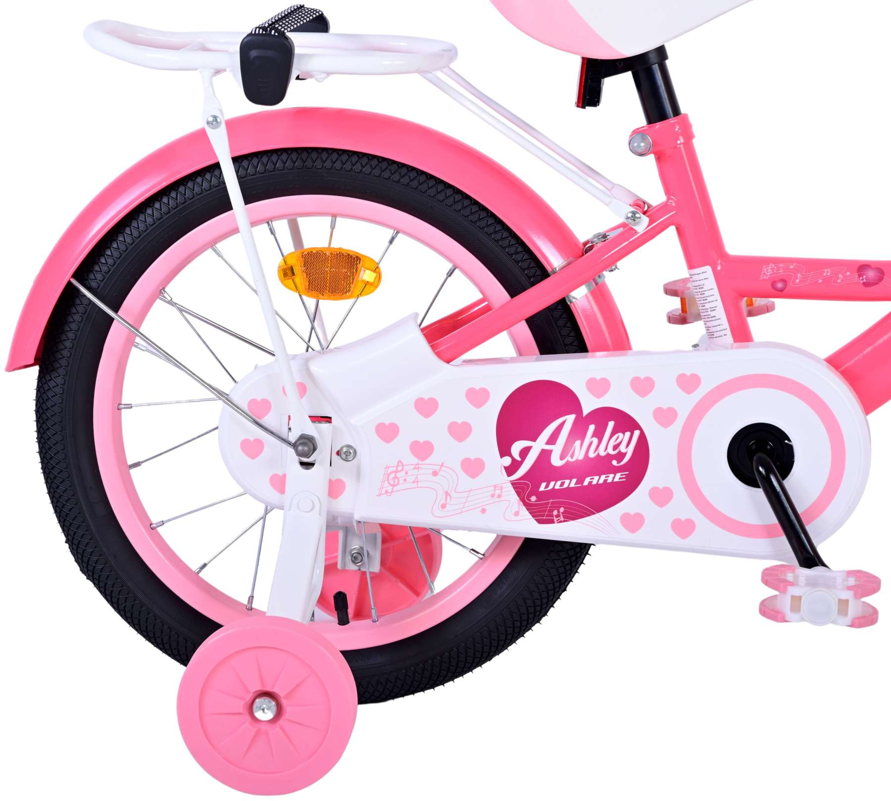 Rosa Kinderfahrrad mit Stützrädern. 'Ashley Volare' auf dem Kettenschutz gedruckt.